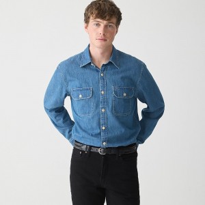 Camisas J.Crew Chesapeake midweight denim workshirt with embroidery Hombre Azules España | LBQDTJ630