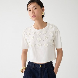 Camiseta J.Crew Cropped T-shirt with crochet floral appliqués Mujer Ivory España | BEUCVT196