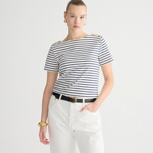 Camiseta J.Crew Mariner cloth short-sleeve with buttons Mujer Paloma Stripe Ivory Eve España | BEVROA643