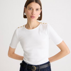 Camiseta J.Crew Perfect-fit elbow-sleeve with gold buttons Mujer Blancas España | OTVFQD481
