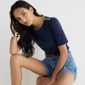 Camiseta J.Crew Perfect-fit elbow-sleeve with gold buttons Mujer Azul Marino España | PWKALF578