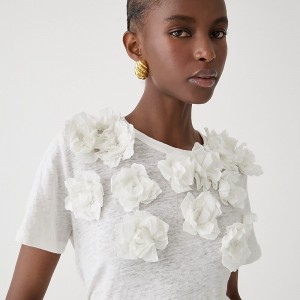 Camiseta J.Crew Relaxed linen with floral appliqués Mujer Blancas España | KIPJEY687