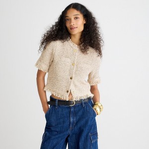 Chaquetas J.Crew Cropped fringe-trim lady marled yarn Mujer Mauve Ivory España | GMFIPT954