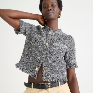 Chaquetas J.Crew Cropped fringe-trim lady marled yarn Mujer Negras España | MZPRIL516