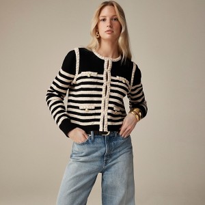 Chaquetas J.Crew Odette sweater lady striped bouclé Mujer Negras España | JRGKPV495