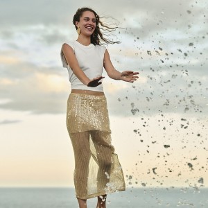 Falda J.Crew Collection layered sequin midi Mujer Creme España | EULQJN859