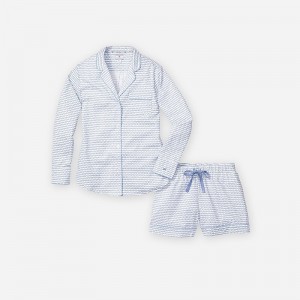 Pijama J.Crew Petite Plume™ La Mer long-sleeve short set Mujer Azules España | IDBAGO180