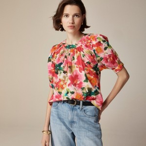 Tops J.Crew Smock-neck puff-sleeve floral cotton poplin Mujer Rosas España | EQALTZ283