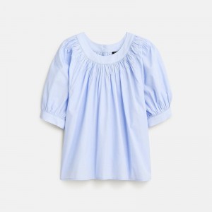 Tops J.Crew Smock-neck puff-sleeve floral cotton poplin Mujer Azules España | PUIRDN926