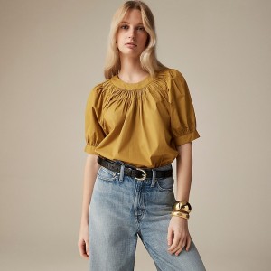 Tops J.Crew Smock-neck puff-sleeve floral cotton poplin Mujer Marrones España | SWNGLU570