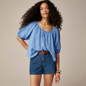 Tops J.Crew Swingy puff-sleeve cotton-linen blend gauze Mujer Majestic Sky España | MQPECR039