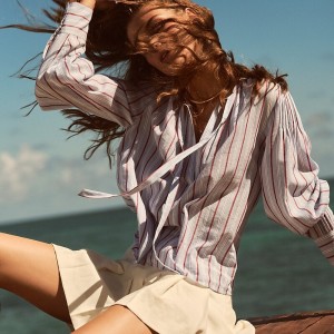 Tops J.Crew V-neck tie striped cotton-blend dobby Mujer Azules Rojas España | FWOMEK165